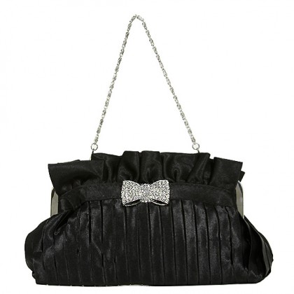 Evening Bag - 12 PCS - Pleated Satin w/ Rhinestone Bow - Black - BG-92288B